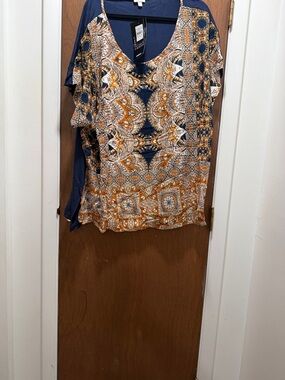 Avenue Navy and Orange Printed Cold-Shoulder Tunic
